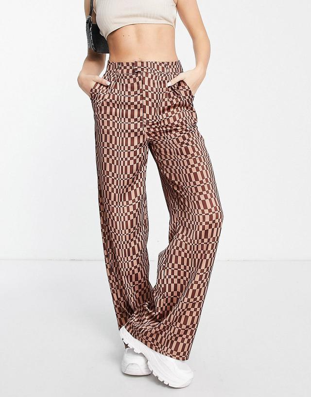 Missguided Brown Check Satin Wide Leg Trousers