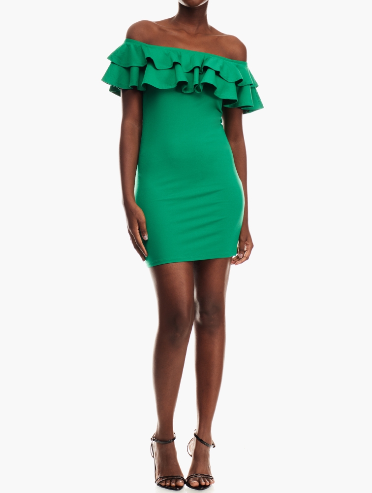 MyRunway Shop Forever 21 Green Ruffle Off Shoulder Bodycon Dress
