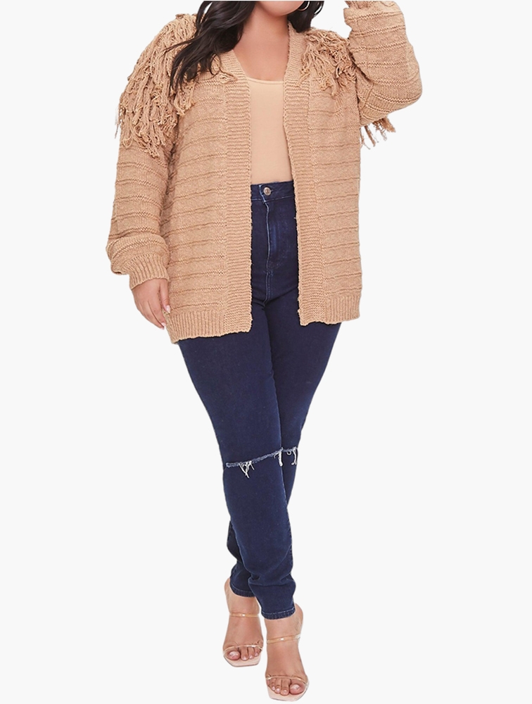 MyRunway Shop Forever 21 Curve Neutral Fringe Cardigan Sweater