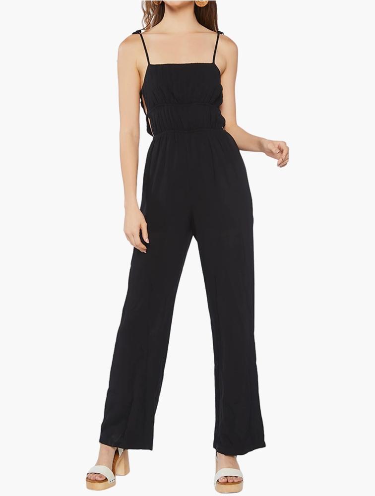 MyRunway Shop Forever 21 Black Ruched Tie Strap Jumpsuit for