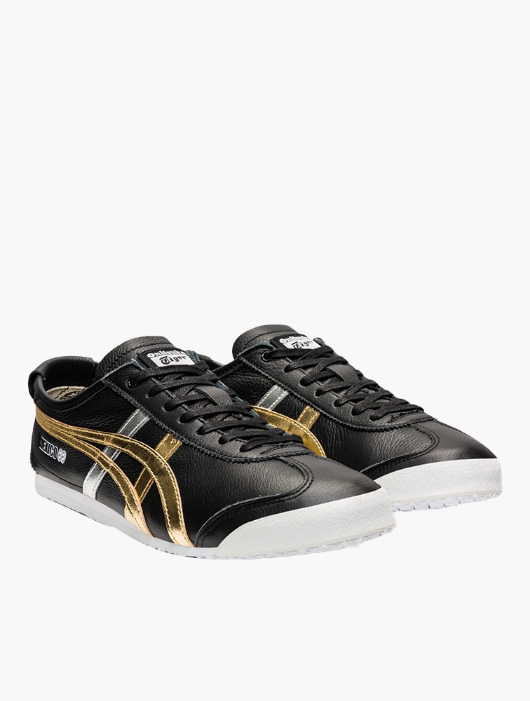 Gold Onitsuka Tiger Womens Black Leather Trainers Onitsuka Tiger