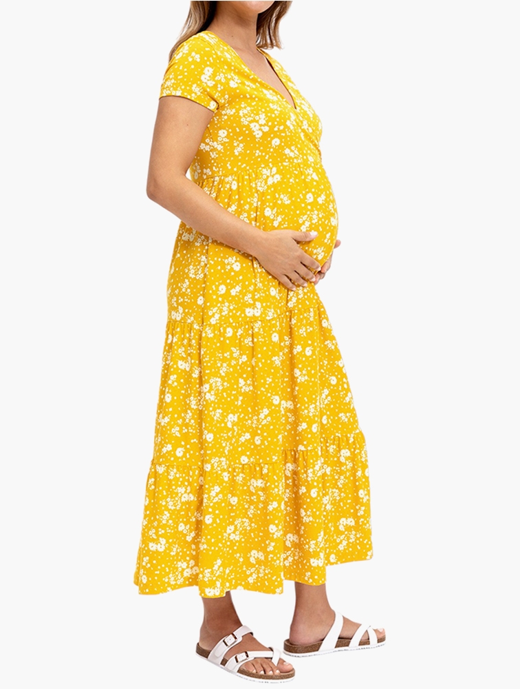 MyRunway Shop Woolworths Yellow Print Tiered Wrap Maternity Maxi